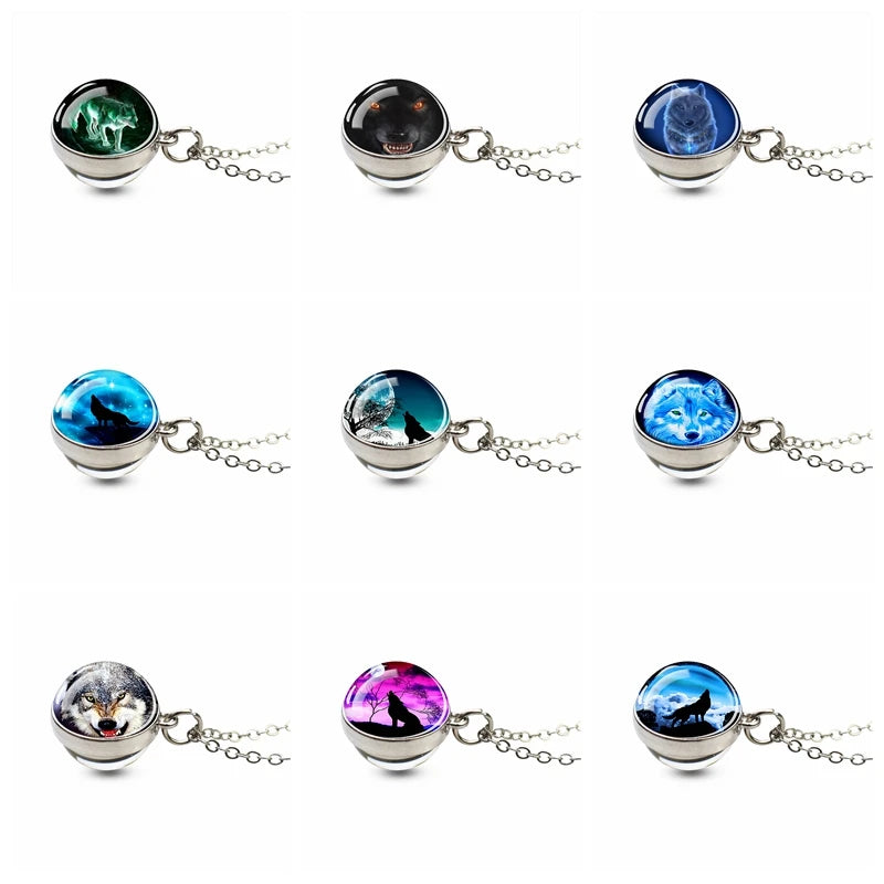 Men Fashion Wolf Necklace Wolf Head Glass Ball Pendant with Silver Color Chain Necklace Fantasy Jewelry