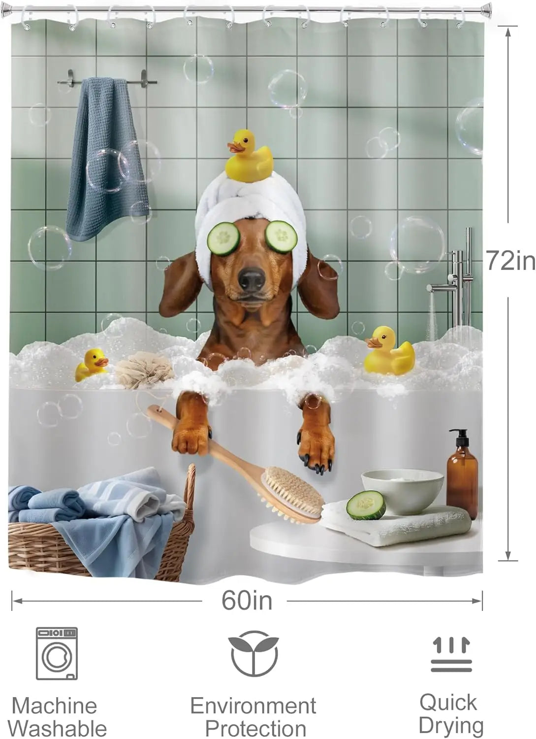 Funny Dog Shower Curtain Vintage Hilarious Dachshund Bath Soap Cute Animal Puppy Pets Bubbles Duck with Hooks Fabric Waterproof