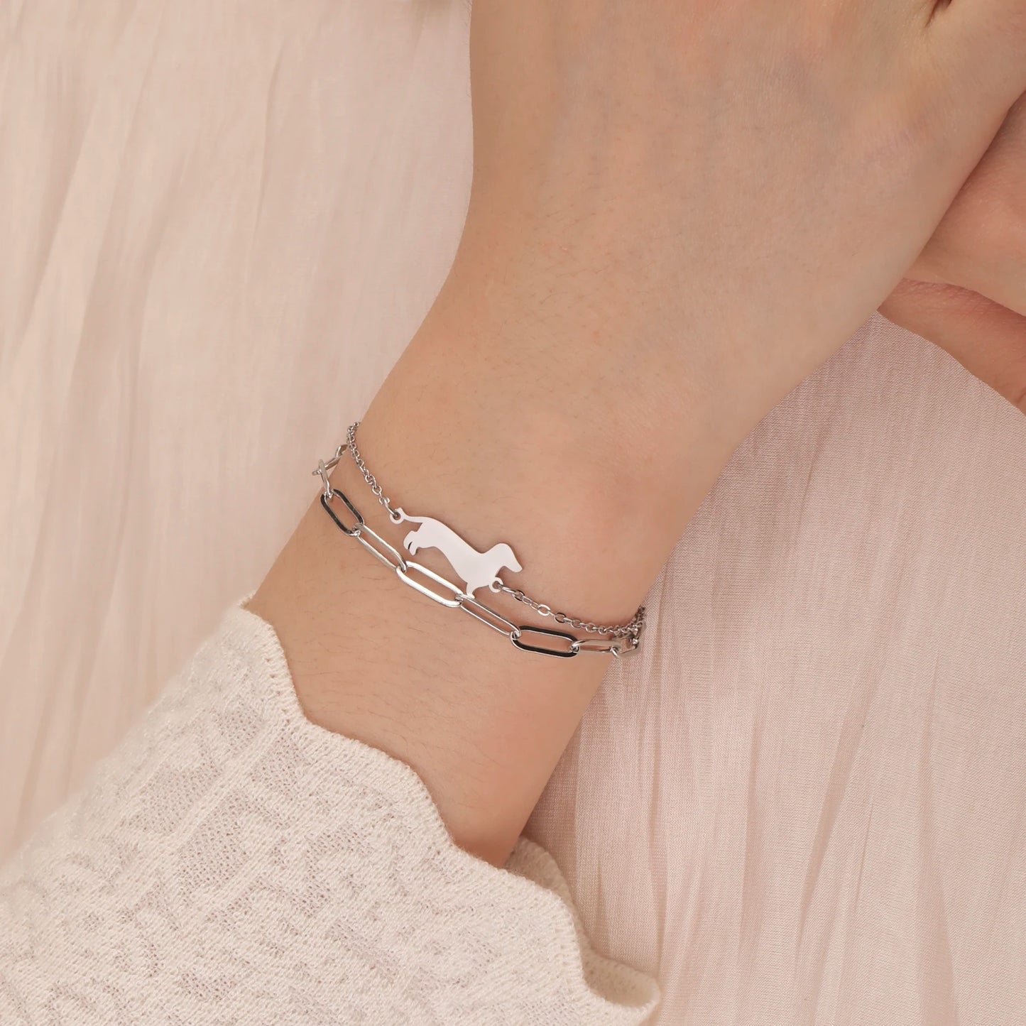 Dachshunds Sausage Dog Bracelets for Women Stainless Steel Double Layers Beads Chain Bracelets Jewelry Birthday Gift
