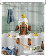 Funny Dog Shower Curtain Vintage Hilarious Dachshund Bath Soap Cute Animal Puppy Pets Bubbles Duck with Hooks Fabric Waterproof