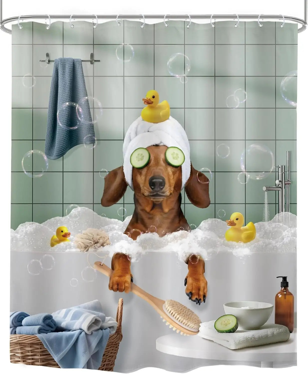 Funny Dog Shower Curtain Vintage Hilarious Dachshund Bath Soap Cute Animal Puppy Pets Bubbles Duck with Hooks Fabric Waterproof