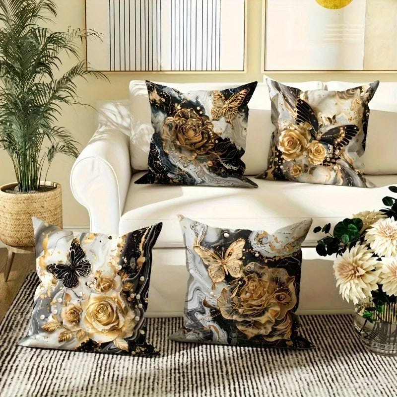 Black and Gold Rose Butterfly Luxury Pillowcasebedroom Living Room Sofa Home Decor Polyester Cushion Cover with Zipper