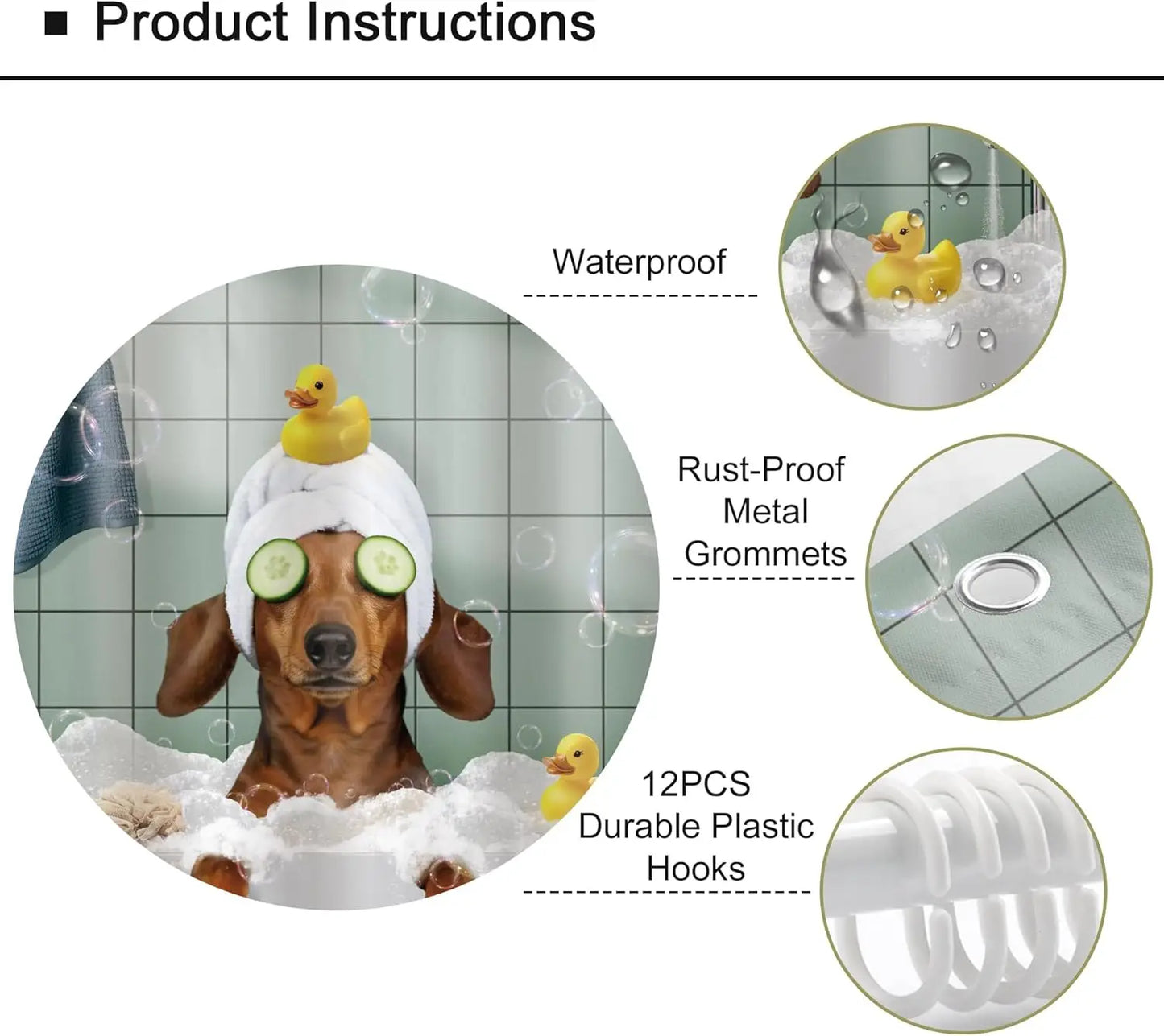 Funny Dog Shower Curtain Vintage Hilarious Dachshund Bath Soap Cute Animal Puppy Pets Bubbles Duck with Hooks Fabric Waterproof