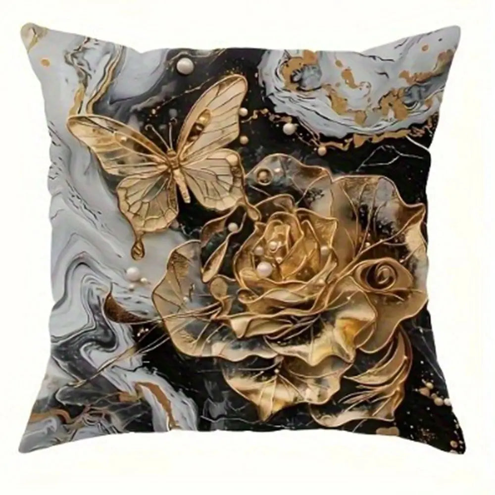 Black and Gold Rose Butterfly Luxury Pillowcasebedroom Living Room Sofa Home Decor Polyester Cushion Cover with Zipper