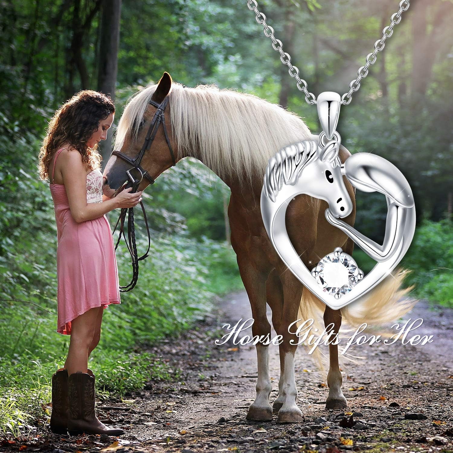 Horse Necklace Sterling Silver Love Heart Necklace with Birthstone Crystals, Horse Jewelry Gifts for Women Her