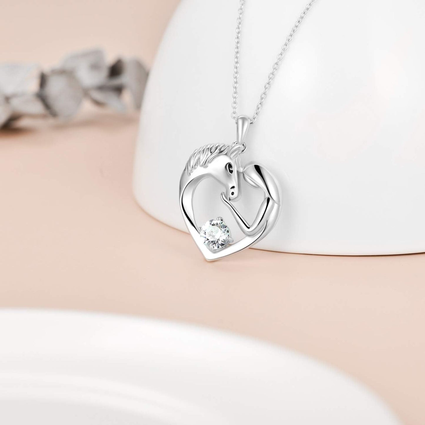 Horse Necklace Sterling Silver Love Heart Necklace with Birthstone Crystals, Horse Jewelry Gifts for Women Her