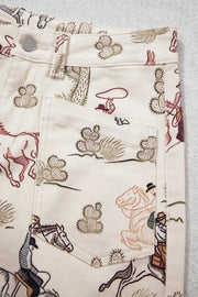 Western Print Straight Leg Ankle-Length Horse Print Pocket Jeans