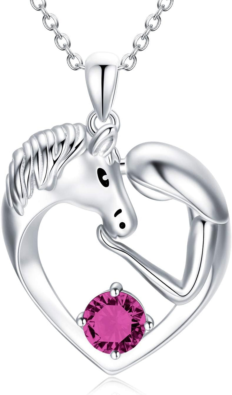 Horse Necklace Sterling Silver Love Heart Necklace with Birthstone Crystals, Horse Jewelry Gifts for Women Her