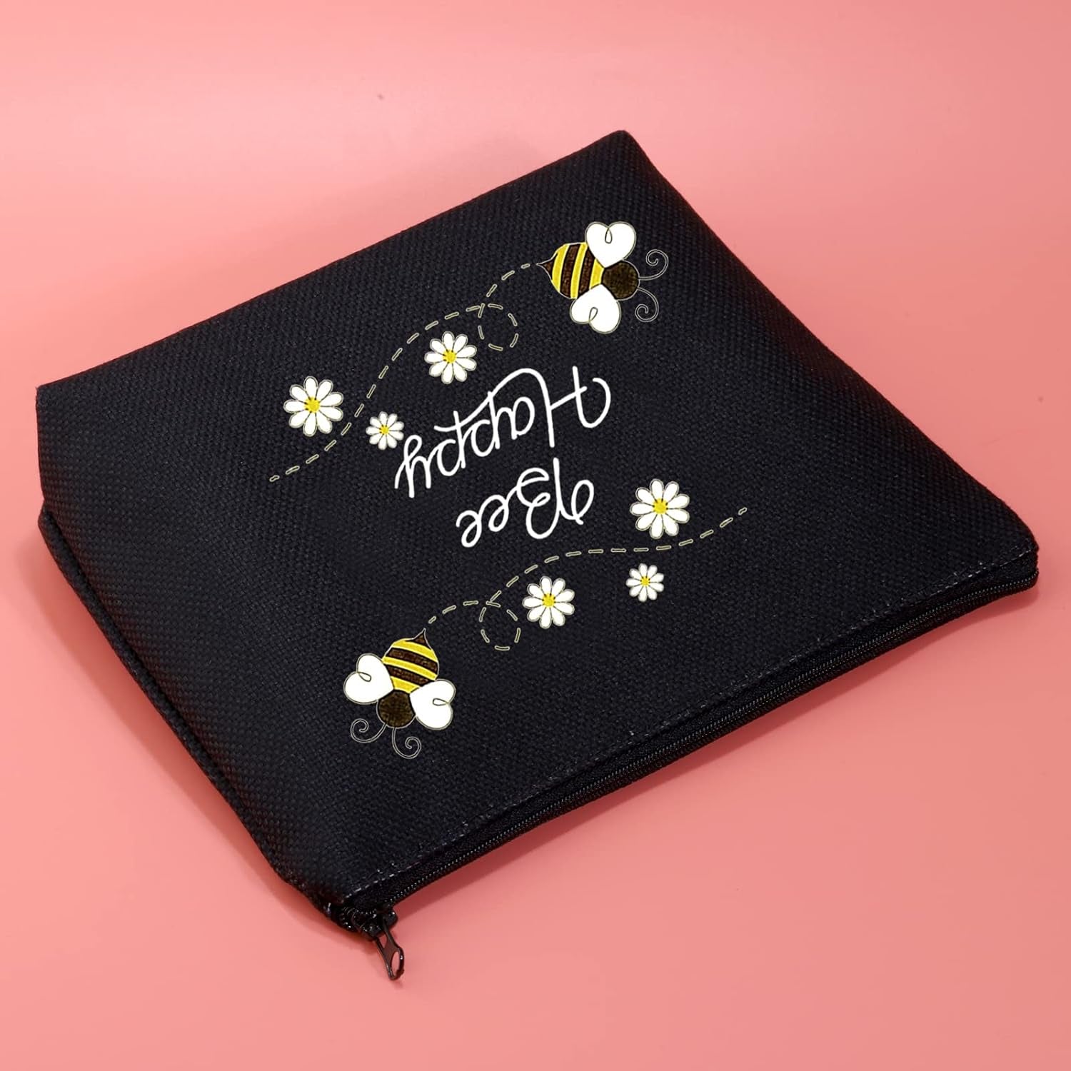 Honey Bee Makeup Bag with Zipper Bee Lover Gifts for Women Bee Cosmetic Bag (Bee Happy Black)