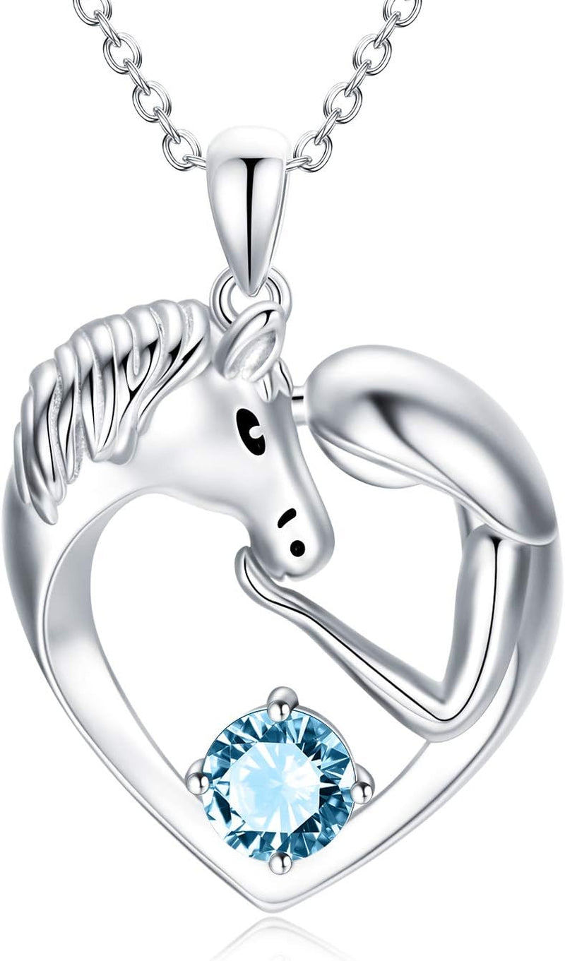Horse Necklace Sterling Silver Love Heart Necklace with Birthstone Crystals, Horse Jewelry Gifts for Women Her
