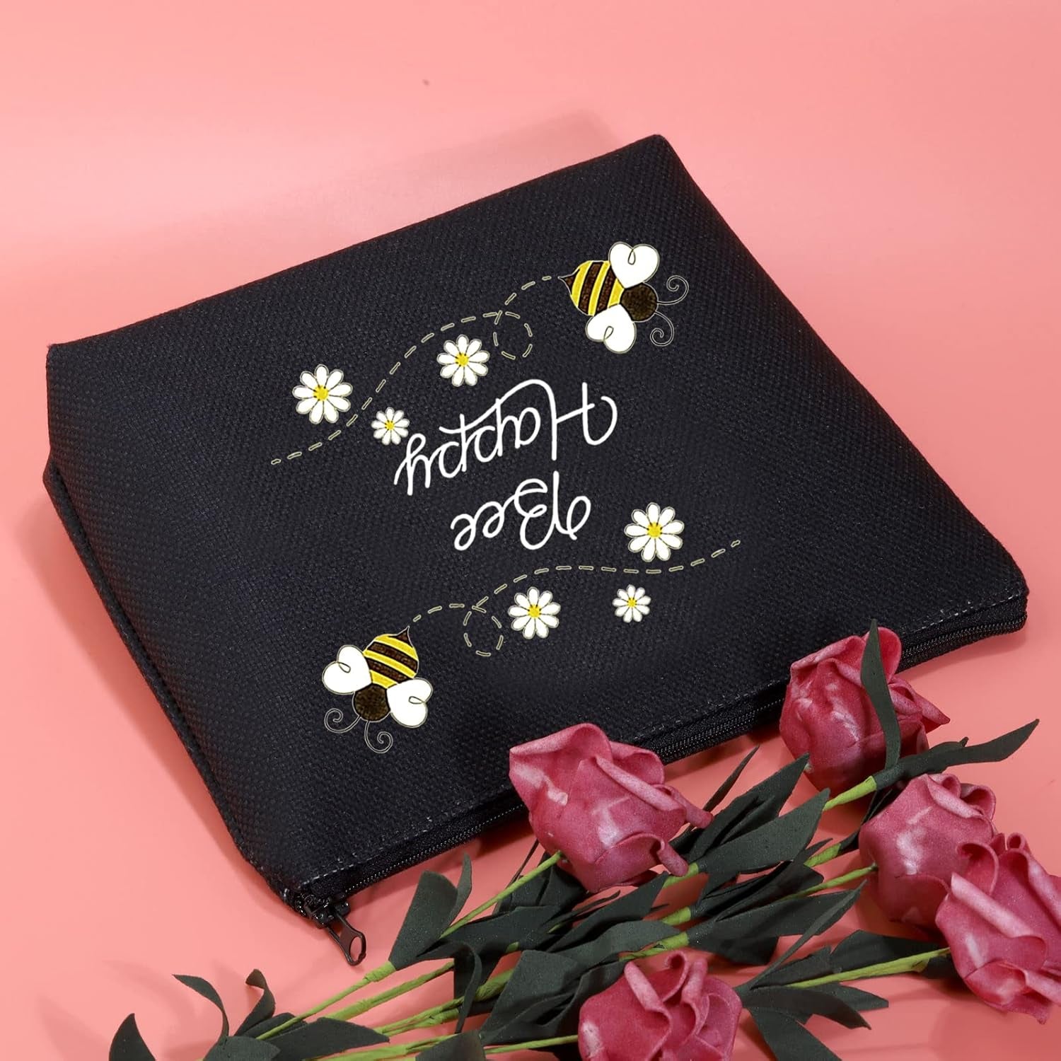 Honey Bee Makeup Bag with Zipper Bee Lover Gifts for Women Bee Cosmetic Bag (Bee Happy Black)