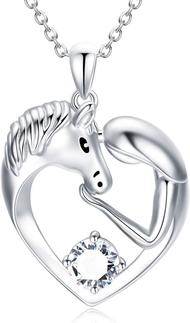 Horse Necklace Sterling Silver Love Heart Necklace with Birthstone Crystals, Horse Jewelry Gifts for Women Her