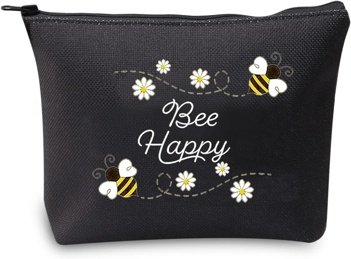 Honey Bee Makeup Bag with Zipper Bee Lover Gifts for Women Bee Cosmetic Bag (Bee Happy Black)