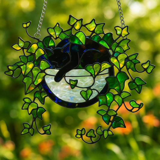 Black Cat Moon Suncatcher, Stained Glass Style Window Hanging, Ivy Plant Acrylic Decor, Cozy Witchy Home Art, Cat Lover Gift